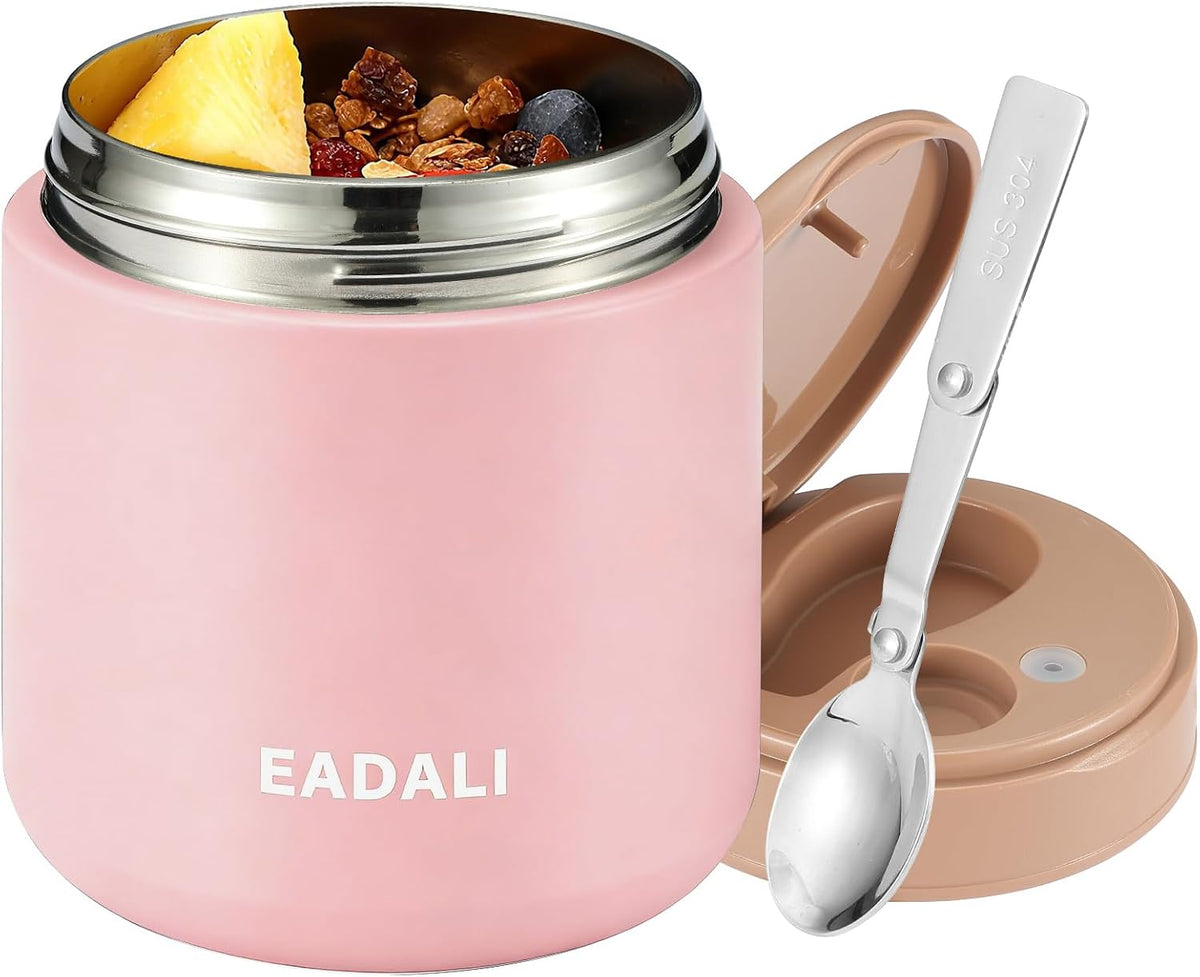 Eadali 15.2oz Kids Food Jar for Hot Food – Vacuum Insulated Lunch Container with 316 Stainless Steel Interior, Leakproof Wide Mouth & Foldable Spoon for School Meals
