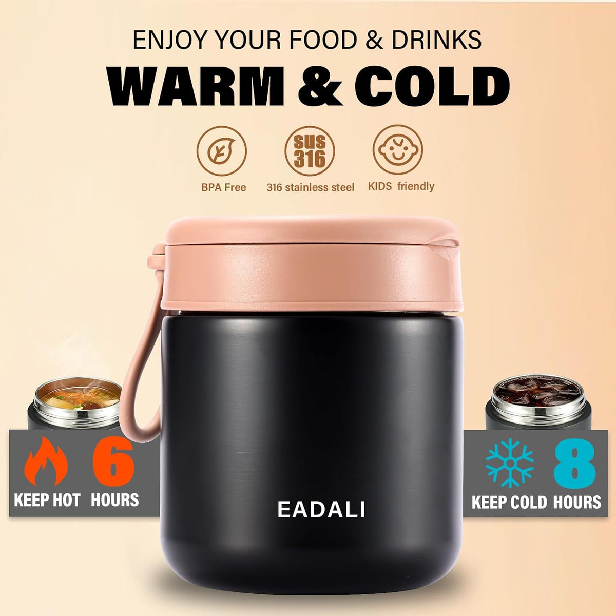 Eadali 15.2oz Kids Food Jar for Hot Food – Vacuum Insulated Lunch Container with 316 Stainless Steel Interior, Leakproof Wide Mouth & Foldable Spoon for School Meals
