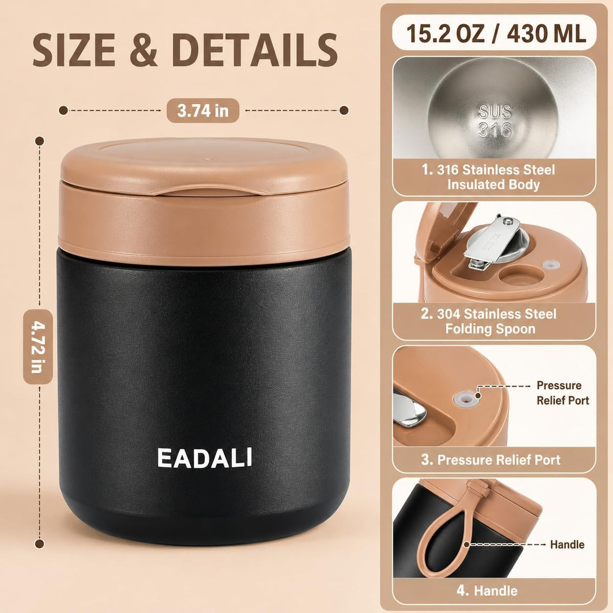 Eadali 15.2oz Kids Food Jar for Hot Food – Vacuum Insulated Lunch Container with 316 Stainless Steel Interior, Leakproof Wide Mouth & Foldable Spoon for School Meals