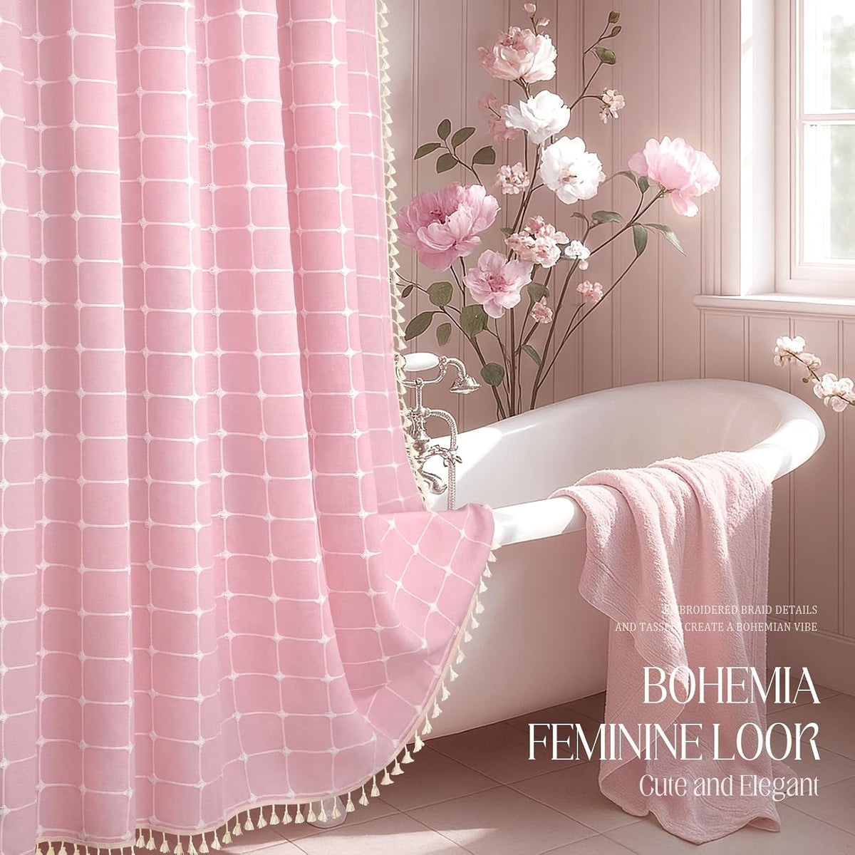 Pink Boho Shower Curtain Cotton Texture,72" W×72" L