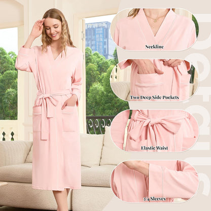 Womens 100% Cotton Robe, Soft Lightweight Long Bathrobe for Home