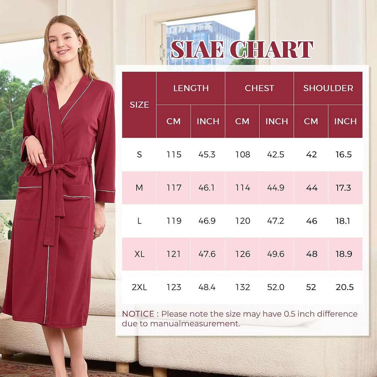 Womens 100% Cotton Robe, Soft Lightweight Long Bathrobe for Home
