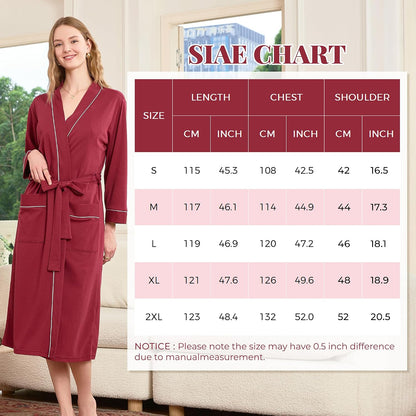 Womens 100% Cotton Robe, Soft Lightweight Long Bathrobe for Home