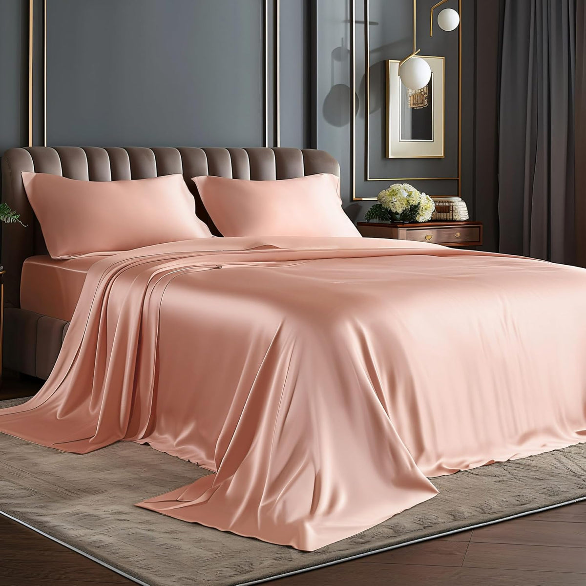 Satin Sheets Queen Size Bed Set, Coral Pink, 4 Pieces