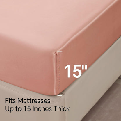 Satin Sheets Queen Size Bed Set, Coral Pink, 4 Pieces