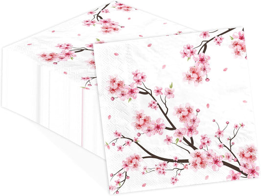 100Pcs Cherry Blossom Paper Cocktail Napkins 2 Ply Watercolor Pink Floral Disposable Absorbent Hand Towels Summer Flowers Guest Napkins for Bridal Wedding Dinner Bathroom Kitchen Supplies Decoration