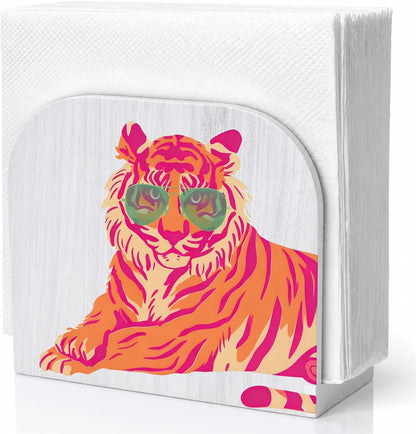 Trendy Pink Orange Tiger Napkin Holder for Table, Tiger Lover Gifts Wooden Standing Napkin Dispenser Holder for Kitchen Dining Room Party Cocktail Bar Home Decor