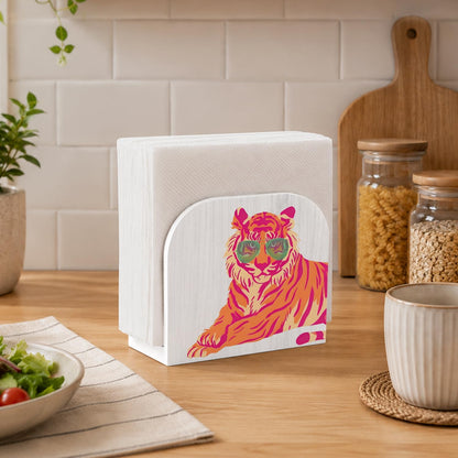 Trendy Pink Orange Tiger Napkin Holder for Table, Tiger Lover Gifts Wooden Standing Napkin Dispenser Holder for Kitchen Dining Room Party Cocktail Bar Home Decor