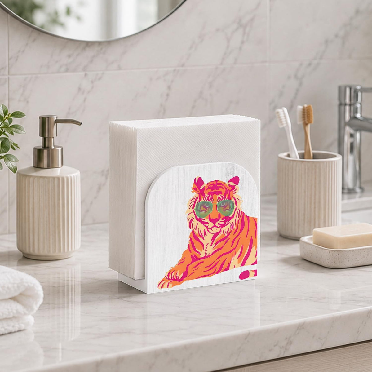 Trendy Pink Orange Tiger Napkin Holder for Table, Tiger Lover Gifts Wooden Standing Napkin Dispenser Holder for Kitchen Dining Room Party Cocktail Bar Home Decor