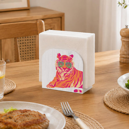 Trendy Pink Orange Tiger Napkin Holder for Table, Tiger Lover Gifts Wooden Standing Napkin Dispenser Holder for Kitchen Dining Room Party Cocktail Bar Home Decor