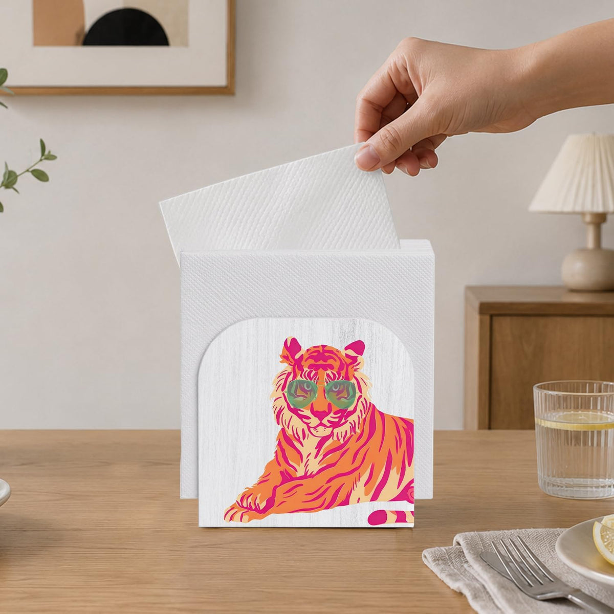 Trendy Pink Orange Tiger Napkin Holder for Table, Tiger Lover Gifts Wooden Standing Napkin Dispenser Holder for Kitchen Dining Room Party Cocktail Bar Home Decor