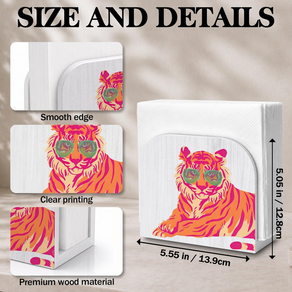 Trendy Pink Orange Tiger Napkin Holder for Table, Tiger Lover Gifts Wooden Standing Napkin Dispenser Holder for Kitchen Dining Room Party Cocktail Bar Home Decor