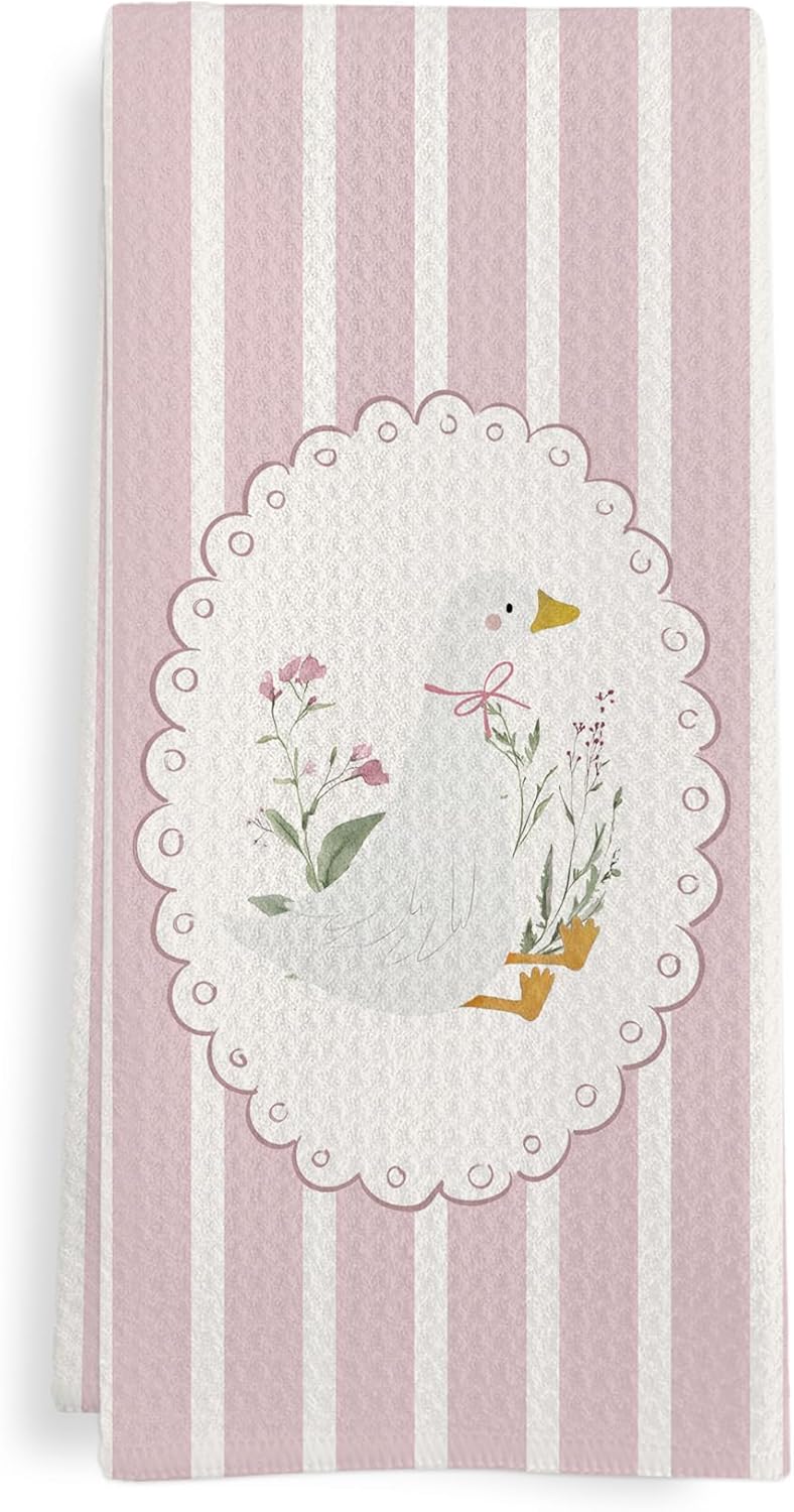 Goose Kitchen Towels, Goose Nursery Room Decor, Pink Cute Geese Dish Tea Towels for Kitchen Nursery, Coquette Preppy Geese Decorative Hand Towel for Bathroom Girls Room, 16x24 Inch