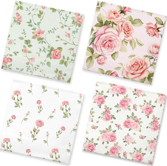 50Pcs Floral Decoupage Napkins | Spring Disposable Paper Napkins Vintage Rose Napkin for Decoupage, Tea Party Decoration, Mother's Day, Wedding, Bridal & Baby Shower (Pink)