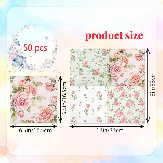 50Pcs Floral Decoupage Napkins | Spring Disposable Paper Napkins Vintage Rose Napkin for Decoupage, Tea Party Decoration, Mother's Day, Wedding, Bridal & Baby Shower (Pink)