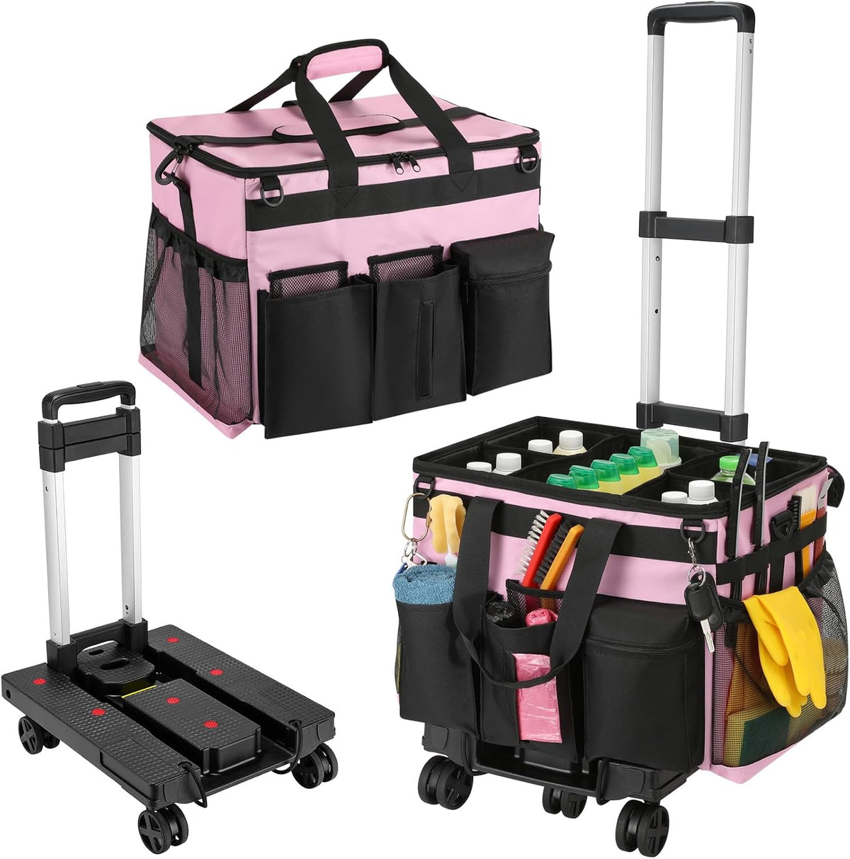 Extra Large Rolling Cleaning Caddy Bag with Wheels, Pink