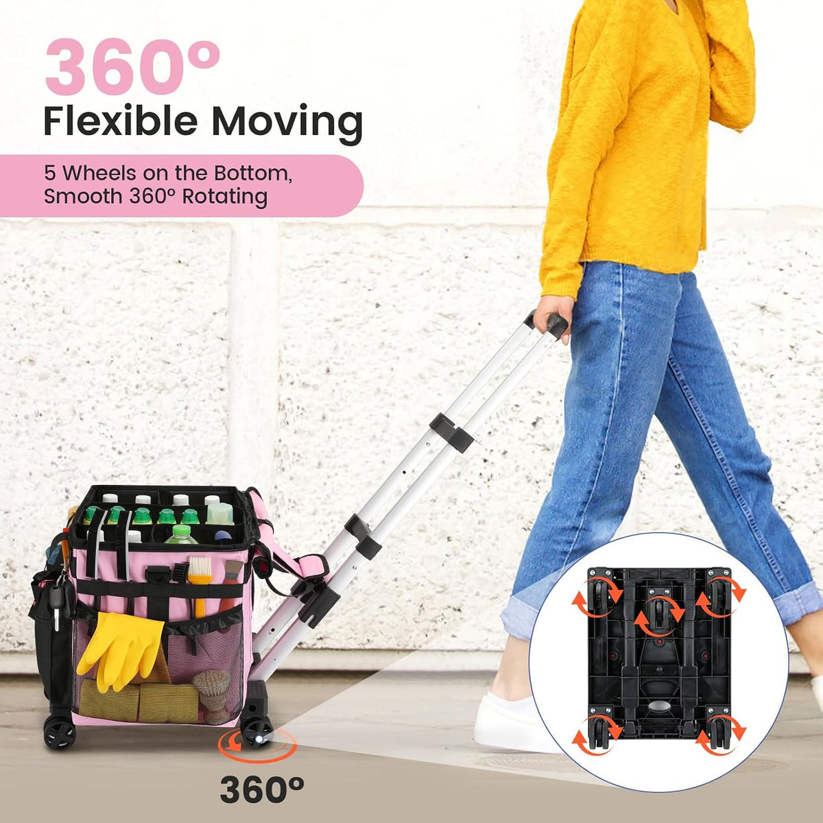 Extra Large Rolling Cleaning Caddy Bag with Wheels, Pink
