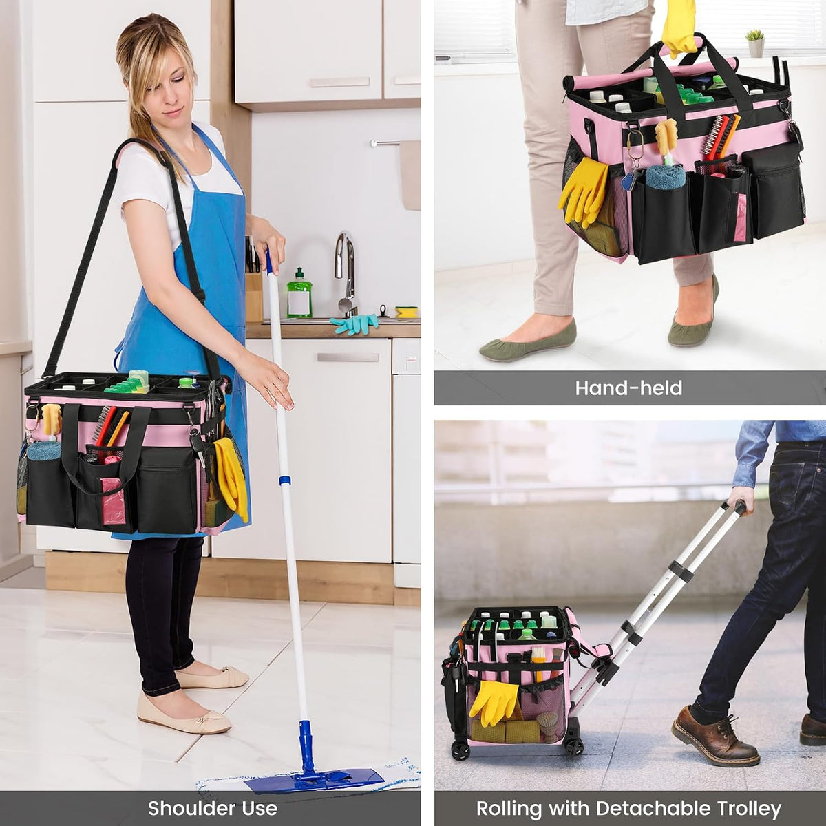 Extra Large Rolling Cleaning Caddy Bag with Wheels, Pink