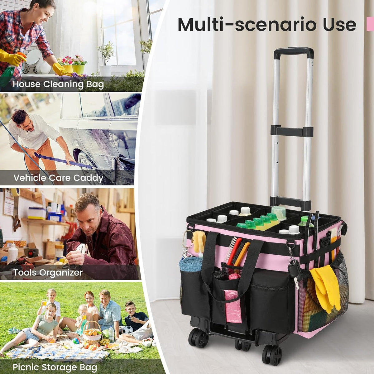Extra Large Rolling Cleaning Caddy Bag with Wheels, Pink
