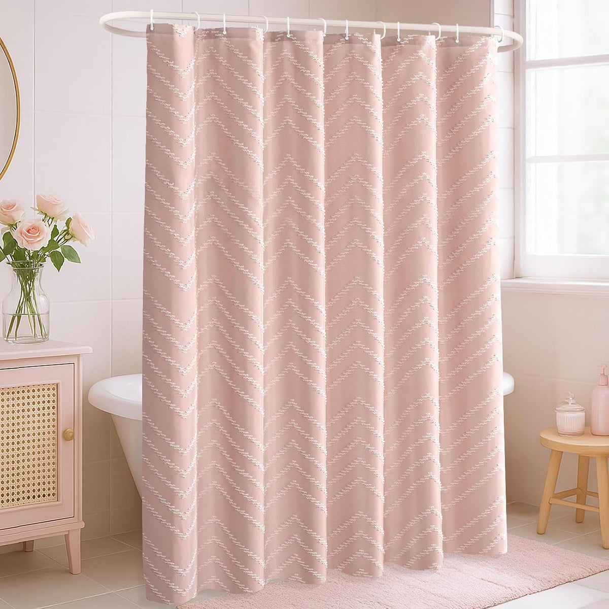 Blush Pink Boho Fabric Shower Curtain 72 x 72 Inches