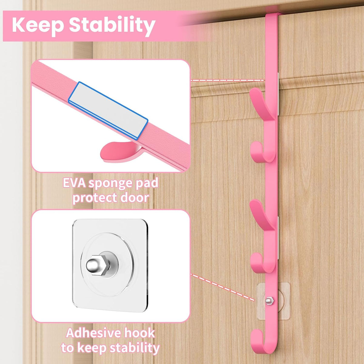 Over The Door Hooks, Metal Door Hooks for Hanging, Over The Door Purse Organizer for Door Coat Hanger, Back of Shower for Hanging Towel Rack Clothes, Hat, Bathroom, Closet (Pink-2Packs)