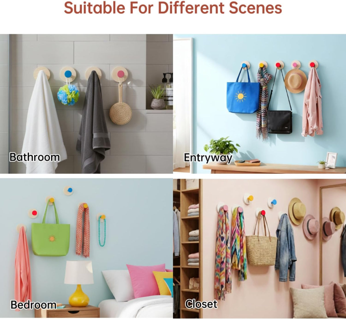 Multi-Color Suction Cup Hooks,Removable Waterproof Rustproof Wall Hooks for Shower Bathroom Kitchen,Hanging Towels Robes Wreaths on Glass Mirror Tile, Any Smooth Surface (Pink, 4PACK)