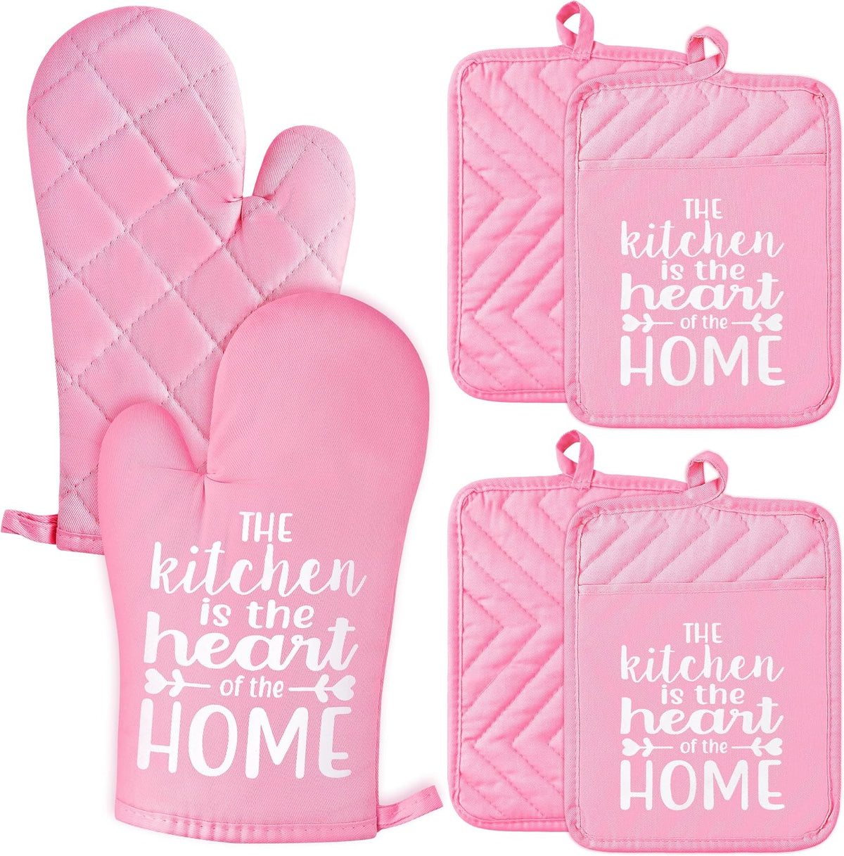 6Pcs Funny Oven Mitts Pot Holders The Kitchen is The Heart of The Home Heat Resistant Hot Pad Machine Washable Gloves with Hanging Loop Pocket Hot Pad for Baking Cooking Pink
