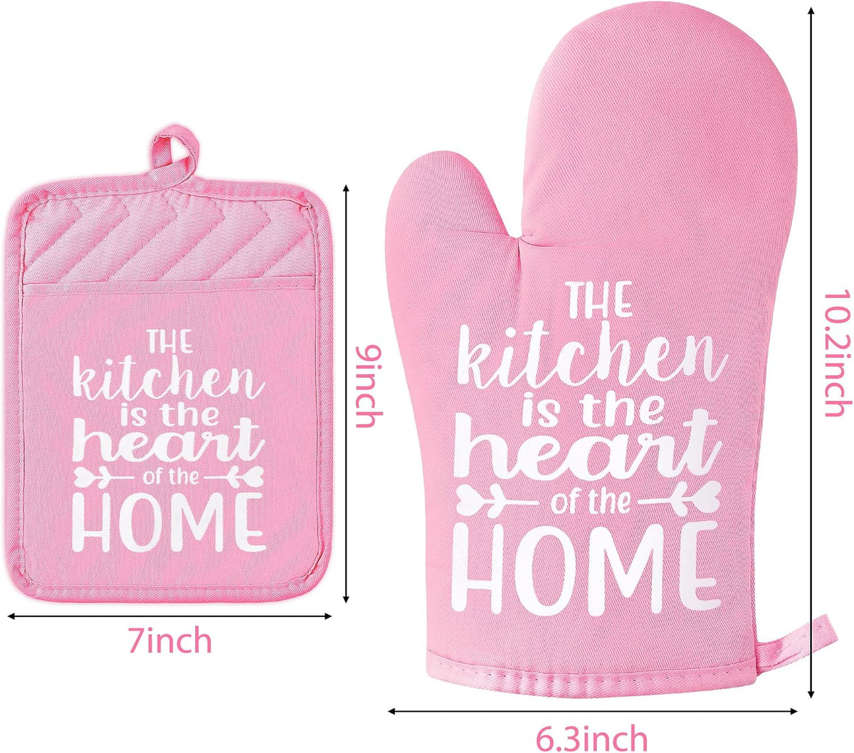 6Pcs Funny Oven Mitts Pot Holders The Kitchen is The Heart of The Home Heat Resistant Hot Pad Machine Washable Gloves with Hanging Loop Pocket Hot Pad for Baking Cooking Pink