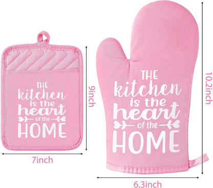 6Pcs Funny Oven Mitts Pot Holders The Kitchen is The Heart of The Home Heat Resistant Hot Pad Machine Washable Gloves with Hanging Loop Pocket Hot Pad for Baking Cooking Pink