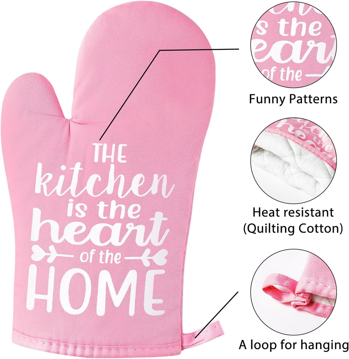 6Pcs Funny Oven Mitts Pot Holders The Kitchen is The Heart of The Home Heat Resistant Hot Pad Machine Washable Gloves with Hanging Loop Pocket Hot Pad for Baking Cooking Pink