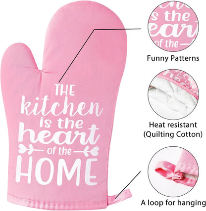 6Pcs Funny Oven Mitts Pot Holders The Kitchen is The Heart of The Home Heat Resistant Hot Pad Machine Washable Gloves with Hanging Loop Pocket Hot Pad for Baking Cooking Pink