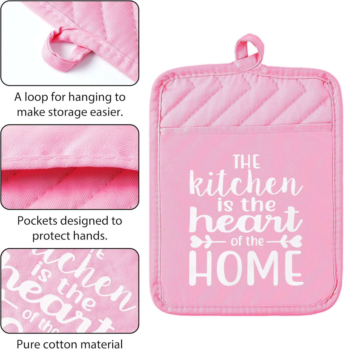 6Pcs Funny Oven Mitts Pot Holders The Kitchen is The Heart of The Home Heat Resistant Hot Pad Machine Washable Gloves with Hanging Loop Pocket Hot Pad for Baking Cooking Pink
