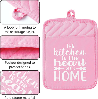 6Pcs Funny Oven Mitts Pot Holders The Kitchen is The Heart of The Home Heat Resistant Hot Pad Machine Washable Gloves with Hanging Loop Pocket Hot Pad for Baking Cooking Pink