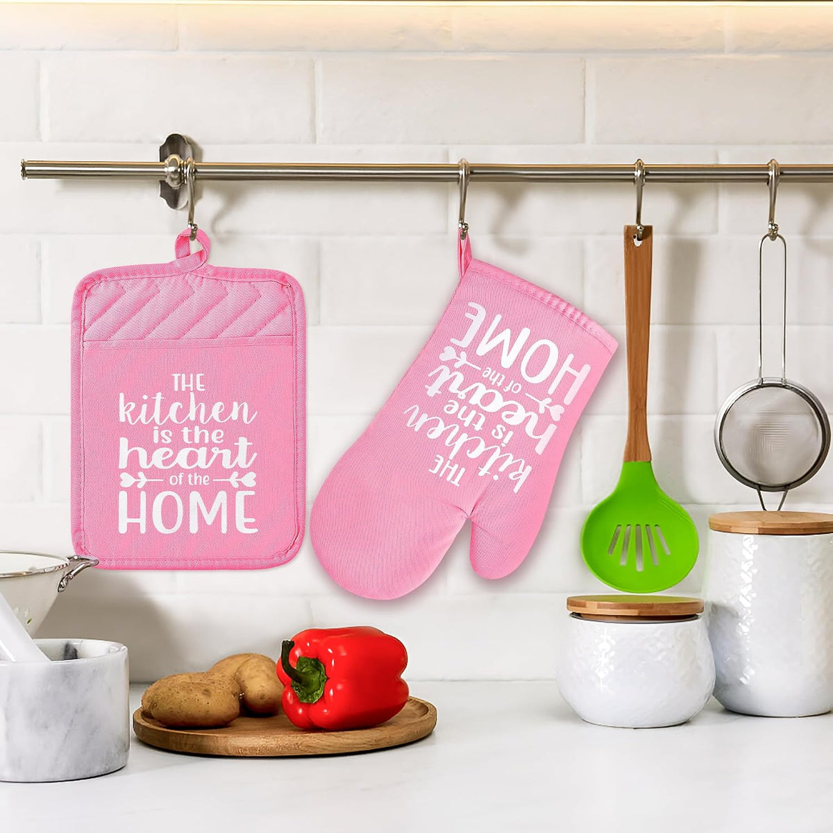 6Pcs Funny Oven Mitts Pot Holders The Kitchen is The Heart of The Home Heat Resistant Hot Pad Machine Washable Gloves with Hanging Loop Pocket Hot Pad for Baking Cooking Pink