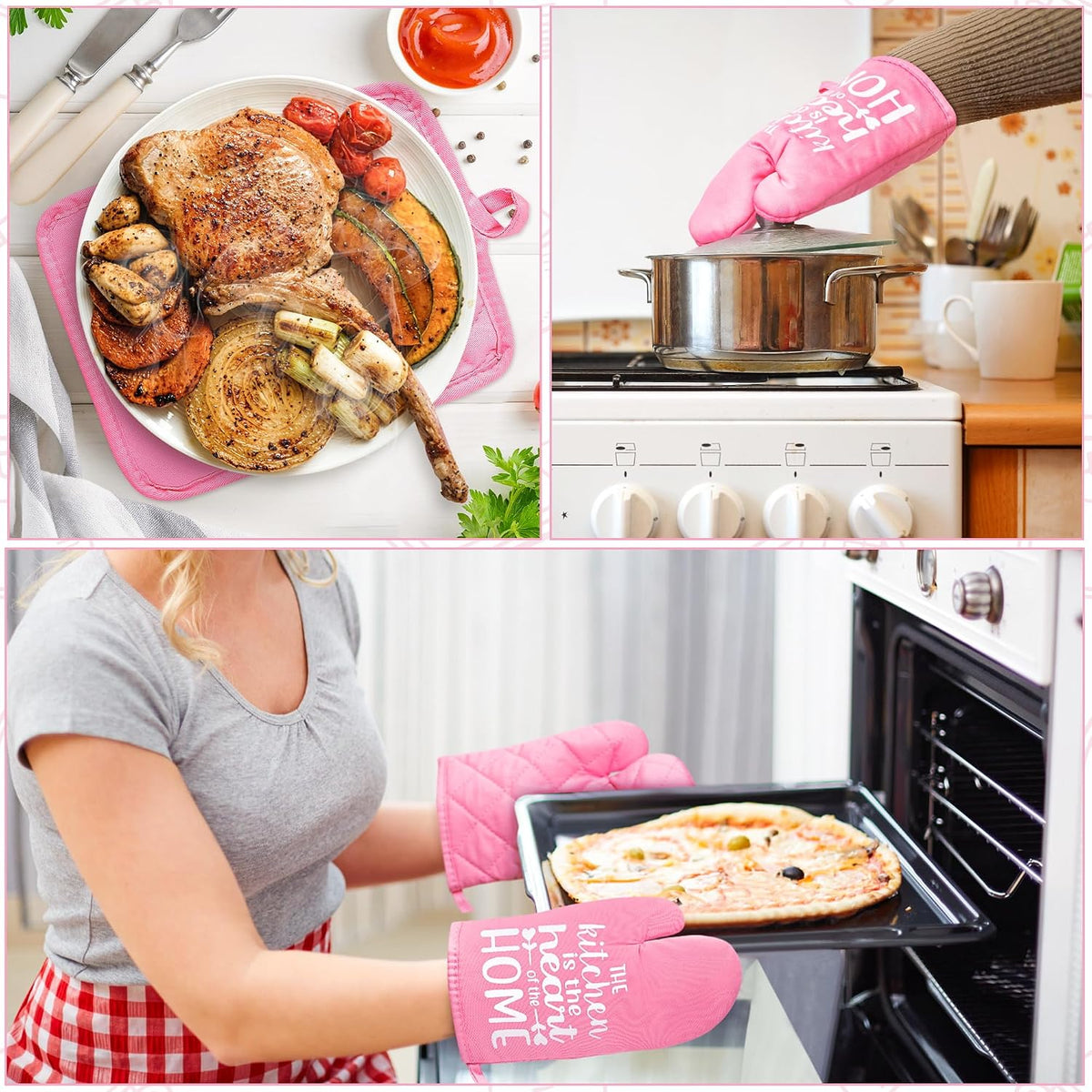 6Pcs Funny Oven Mitts Pot Holders The Kitchen is The Heart of The Home Heat Resistant Hot Pad Machine Washable Gloves with Hanging Loop Pocket Hot Pad for Baking Cooking Pink