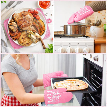 6Pcs Funny Oven Mitts Pot Holders The Kitchen is The Heart of The Home Heat Resistant Hot Pad Machine Washable Gloves with Hanging Loop Pocket Hot Pad for Baking Cooking Pink