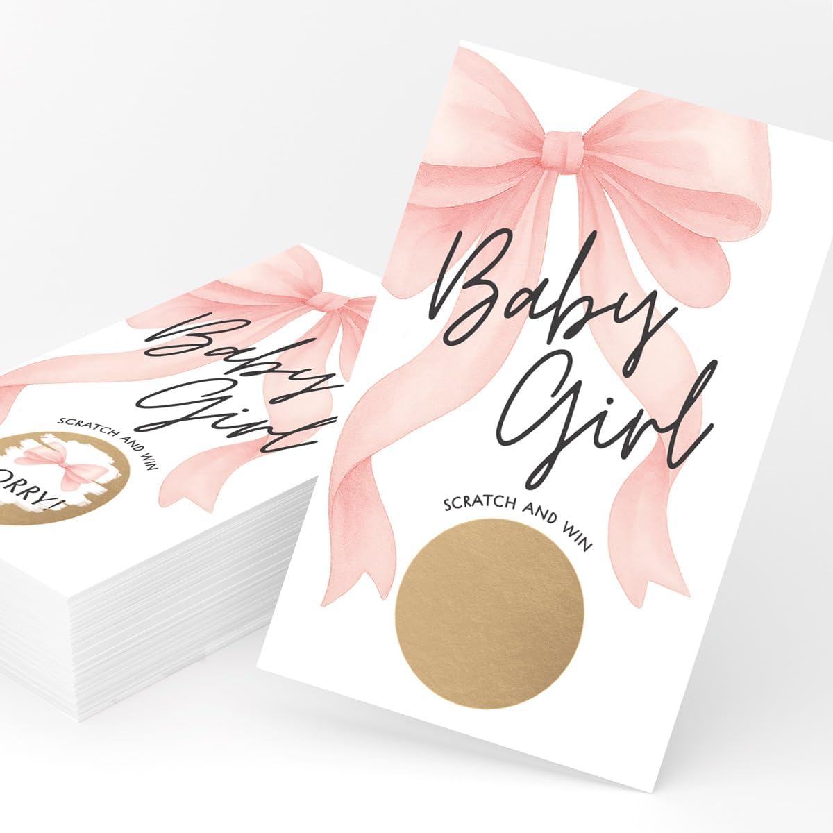 Baby Shower Scratch Off Game - Pink Bow Theme for Girl, 30 Cards & Stickers