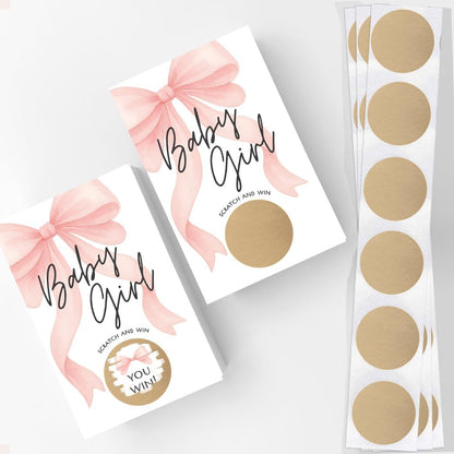 Baby Shower Scratch Off Game - Pink Bow Theme for Girl, 30 Cards & Stickers