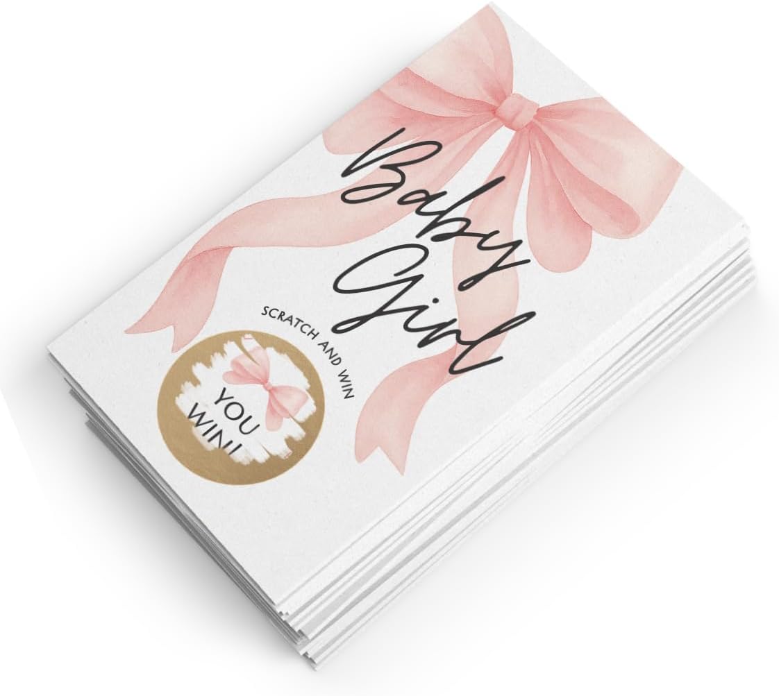 Baby Shower Scratch Off Game - Pink Bow Theme for Girl, 30 Cards & Stickers
