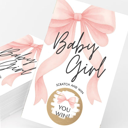 Baby Shower Scratch Off Game - Pink Bow Theme for Girl, 30 Cards & Stickers