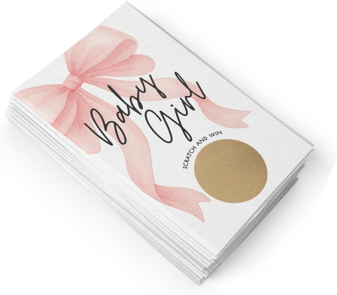 Baby Shower Scratch Off Game - Pink Bow Theme for Girl, 30 Cards & Stickers