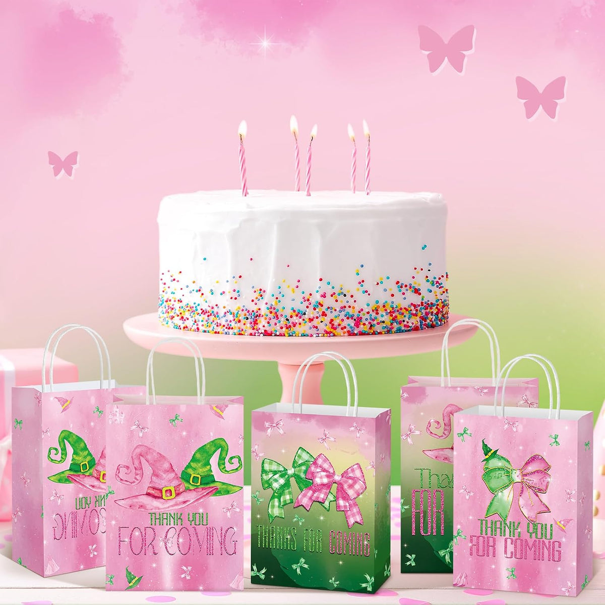 24 Pcs Witch Party Favor Bags Pink Green Paper Treat Bags Handle