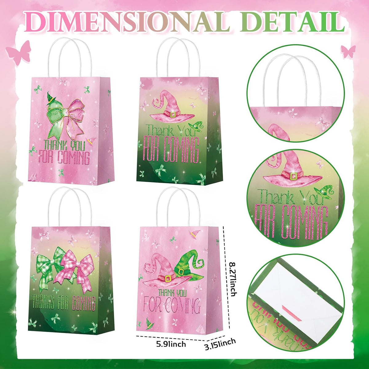 24 Pcs Witch Party Favor Bags Pink Green Paper Treat Bags Handle