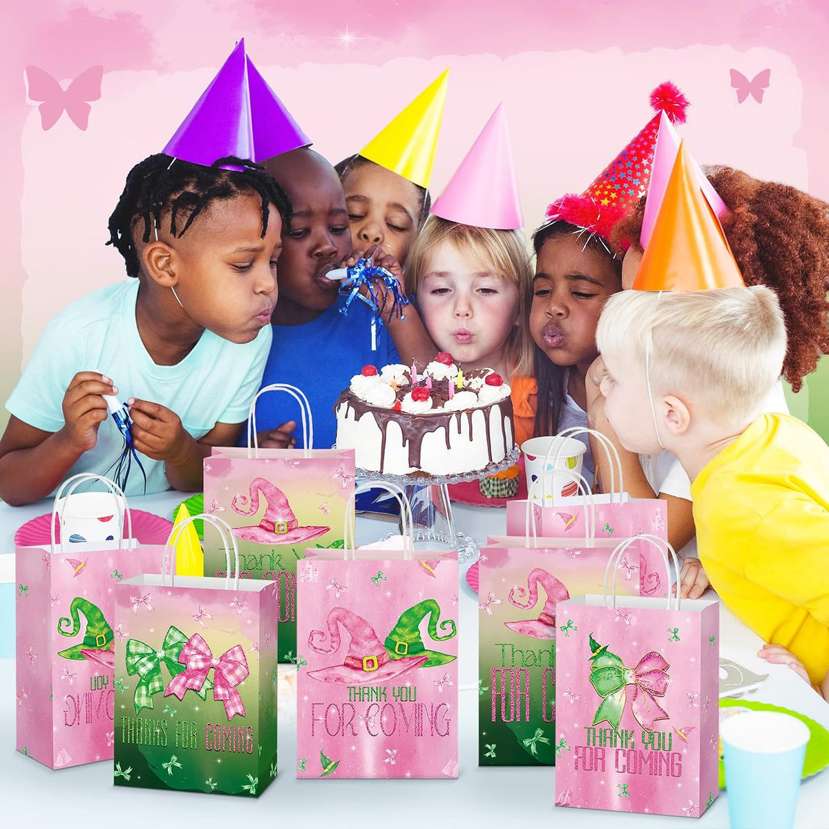 24 Pcs Witch Party Favor Bags Pink Green Paper Treat Bags Handle