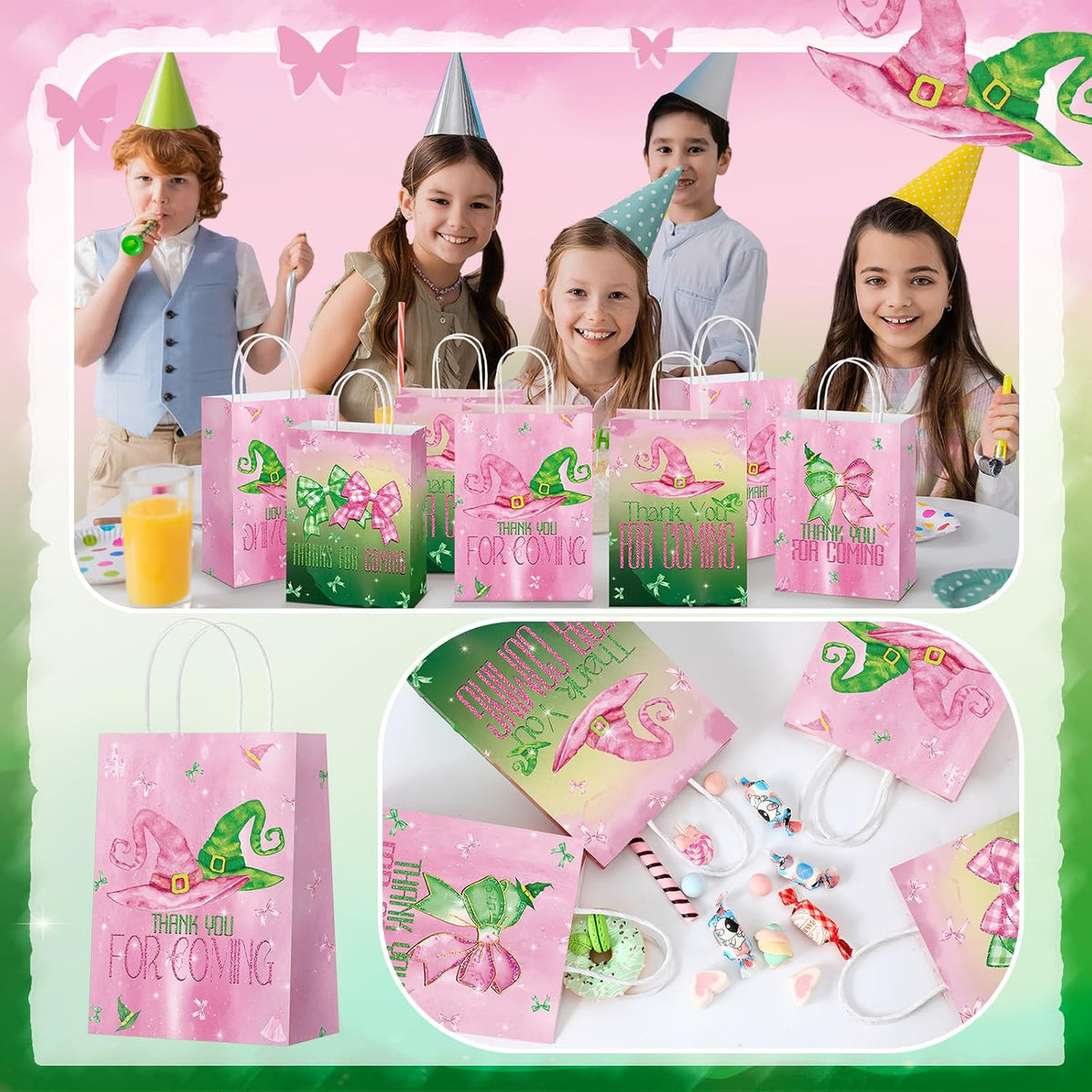 24 Pcs Witch Party Favor Bags Pink Green Paper Treat Bags Handle