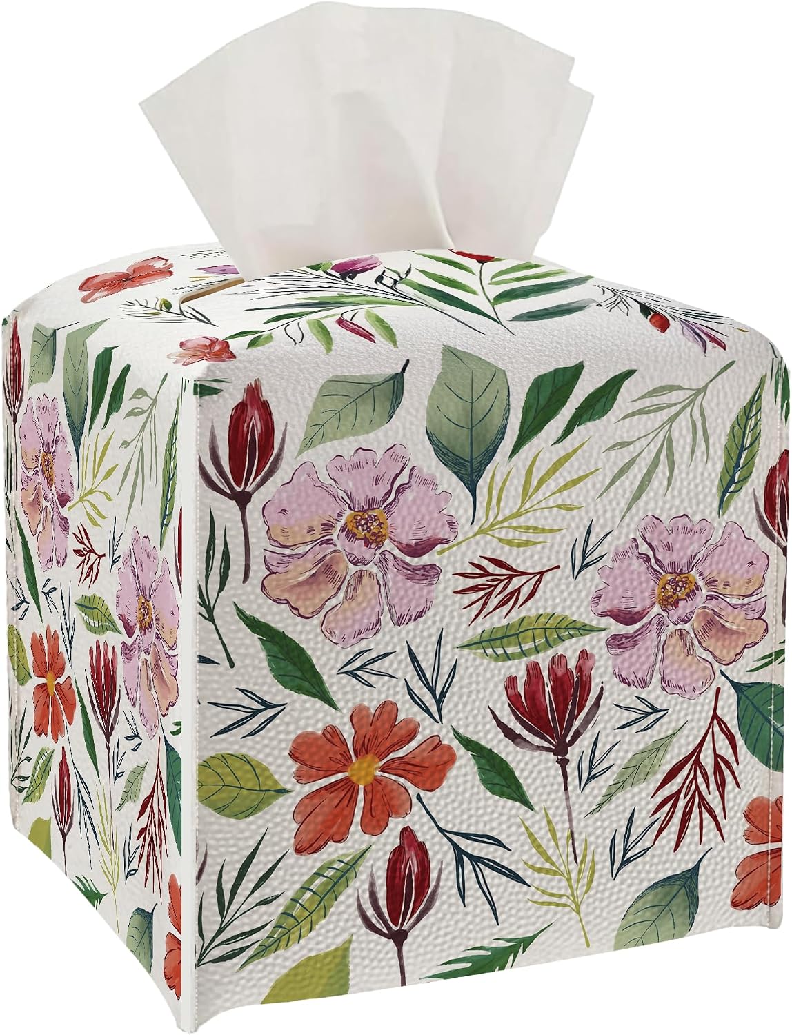 Tissue Box Cover - Pink Flowers PU Leather Tissue Box Holder with Elastic Bottom Strap,5.2x5.2Inch Tissue Box Decor for Bathroom Nightstand, Dresser, Office Desk, Bedroom (Flower&Leaves)