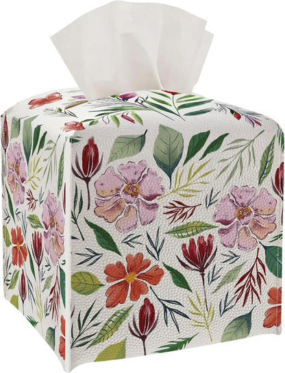 Tissue Box Cover - Pink Flowers PU Leather Tissue Box Holder with Elastic Bottom Strap,5.2x5.2Inch Tissue Box Decor for Bathroom Nightstand, Dresser, Office Desk, Bedroom (Flower&Leaves)