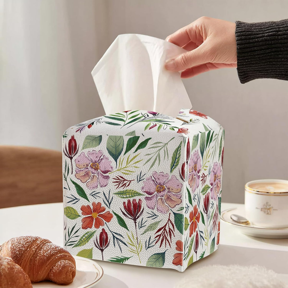 Tissue Box Cover - Pink Flowers PU Leather Tissue Box Holder with Elastic Bottom Strap,5.2x5.2Inch Tissue Box Decor for Bathroom Nightstand, Dresser, Office Desk, Bedroom (Flower&Leaves)