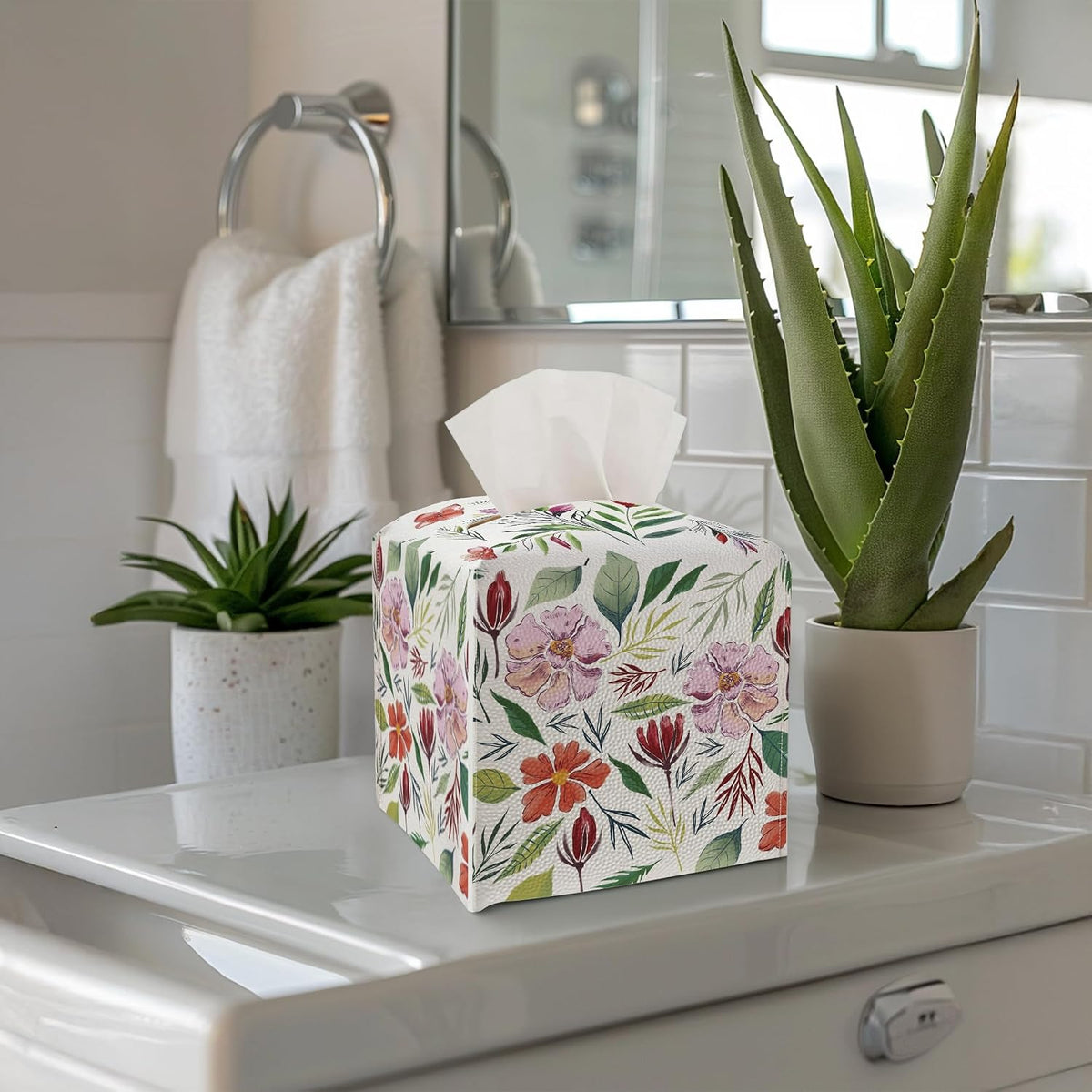 Tissue Box Cover - Pink Flowers PU Leather Tissue Box Holder with Elastic Bottom Strap,5.2x5.2Inch Tissue Box Decor for Bathroom Nightstand, Dresser, Office Desk, Bedroom (Flower&Leaves)