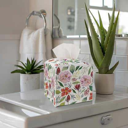 Tissue Box Cover - Pink Flowers PU Leather Tissue Box Holder with Elastic Bottom Strap,5.2x5.2Inch Tissue Box Decor for Bathroom Nightstand, Dresser, Office Desk, Bedroom (Flower&Leaves)